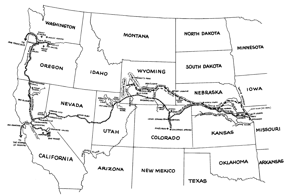 Map of Albert Bierstadt's journey across the American West