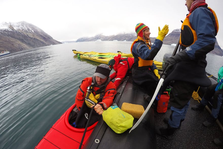 Kayaking Greenland, crew by dock