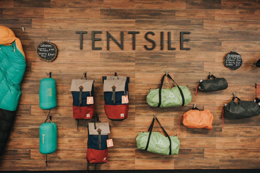 Tentsile display wall - rucksacks and bags